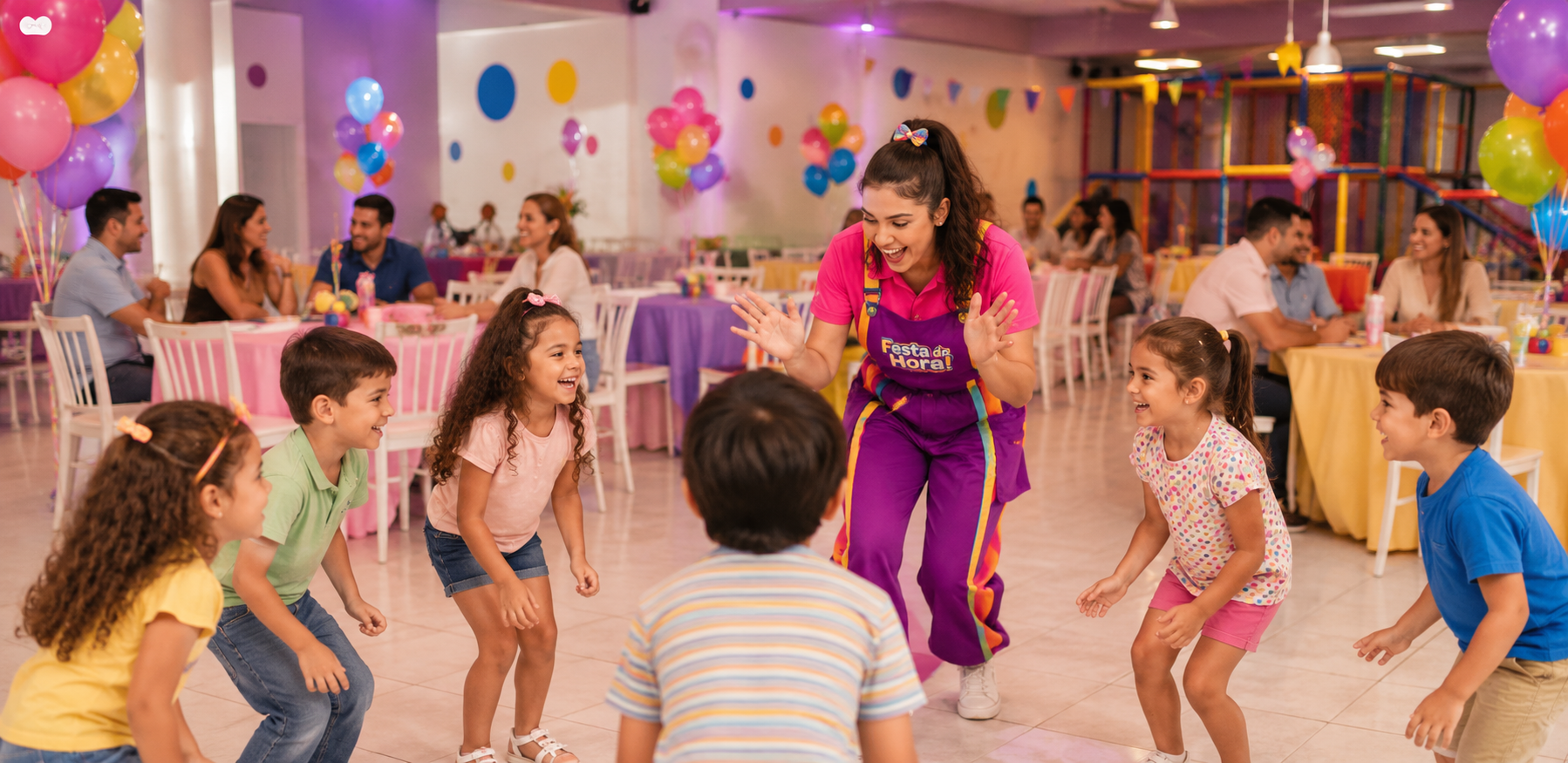 Animação de festa infantil com recreadora e crianças brincando